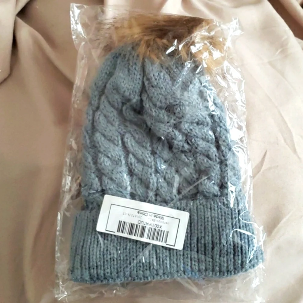 Blue Gray Knit Baby Beanie with Faux Fur Pom